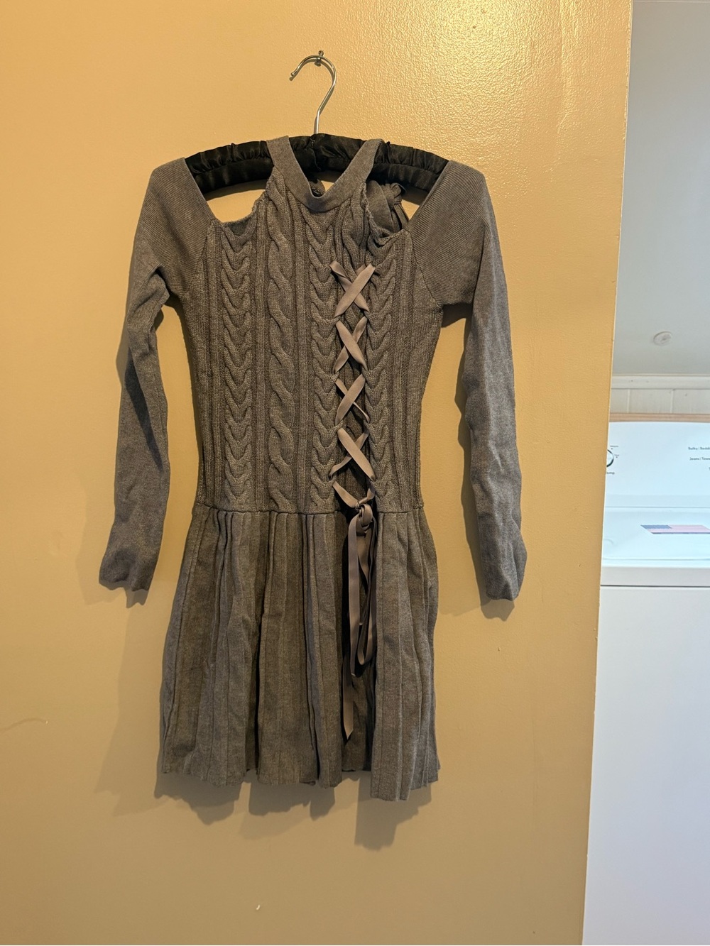 Gray Cable Knit Lace-Up Sweater Dress